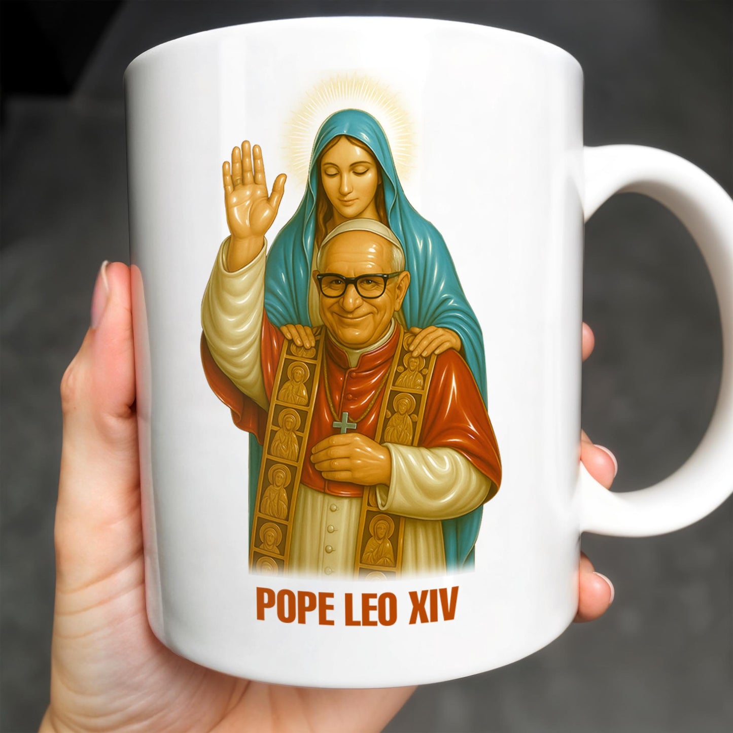 Pope Leo XIV Coffee Mug Featuring Pope and Virgin Mary - Personalized Custom Coffee Mug - FTH083_MG