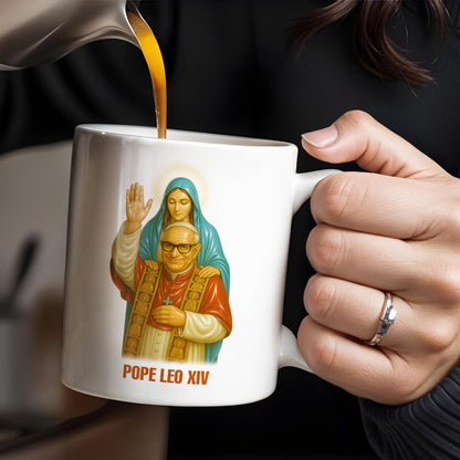 Pope Leo XIV Coffee Mug Featuring Pope and Virgin Mary - Personalized Custom Coffee Mug - FTH083_MG