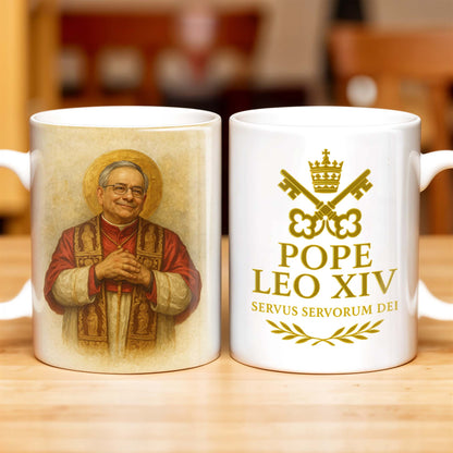 Pope Leo XIV, Servus Servorum Dei, Portrait and Religious Emblem - Personalized Custom Coffee Mug - FTH085_MG