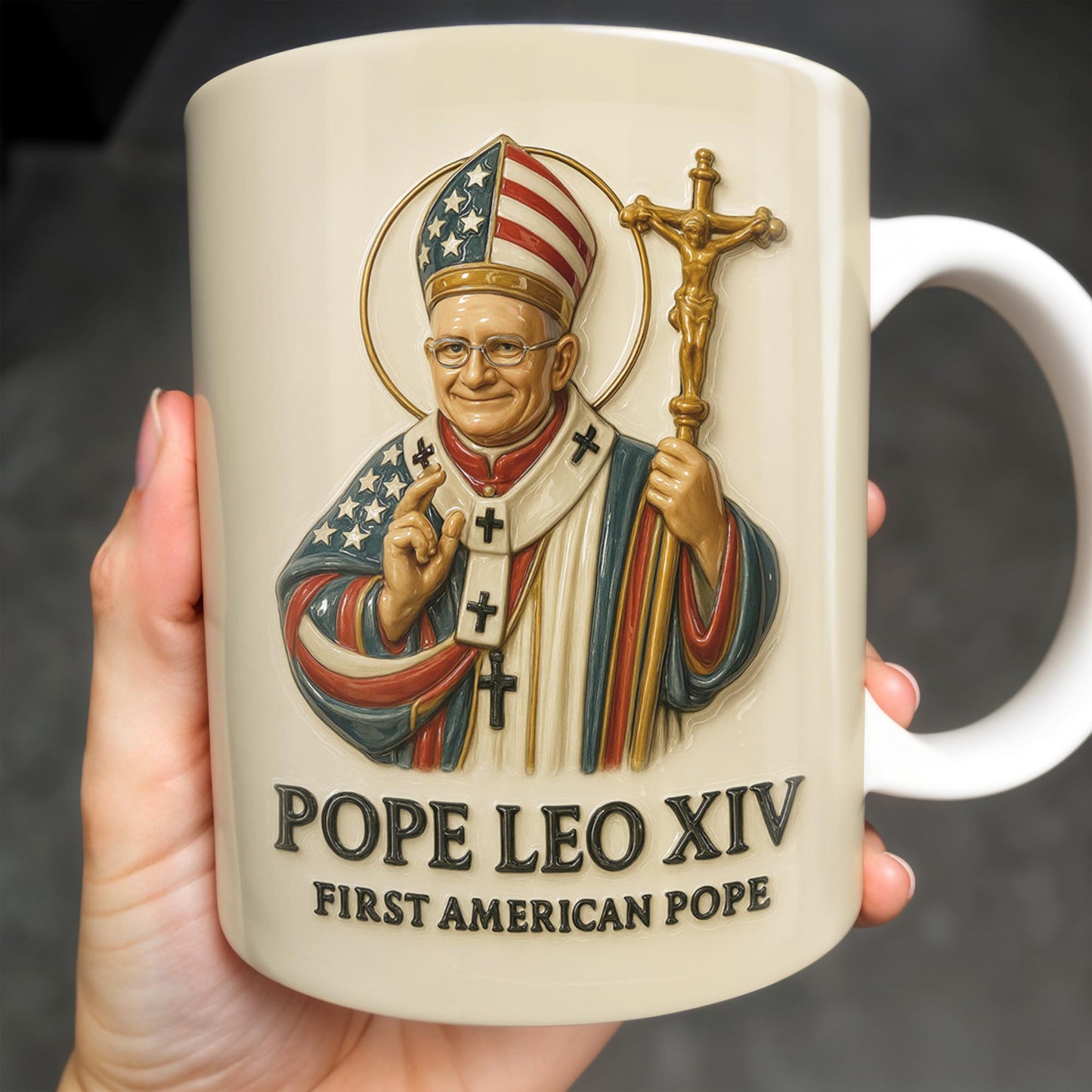 Pope Leo XIV First American Pope, Pope With American Flag And Cross - Personalized Custom Coffee Mug - FTH091_MG