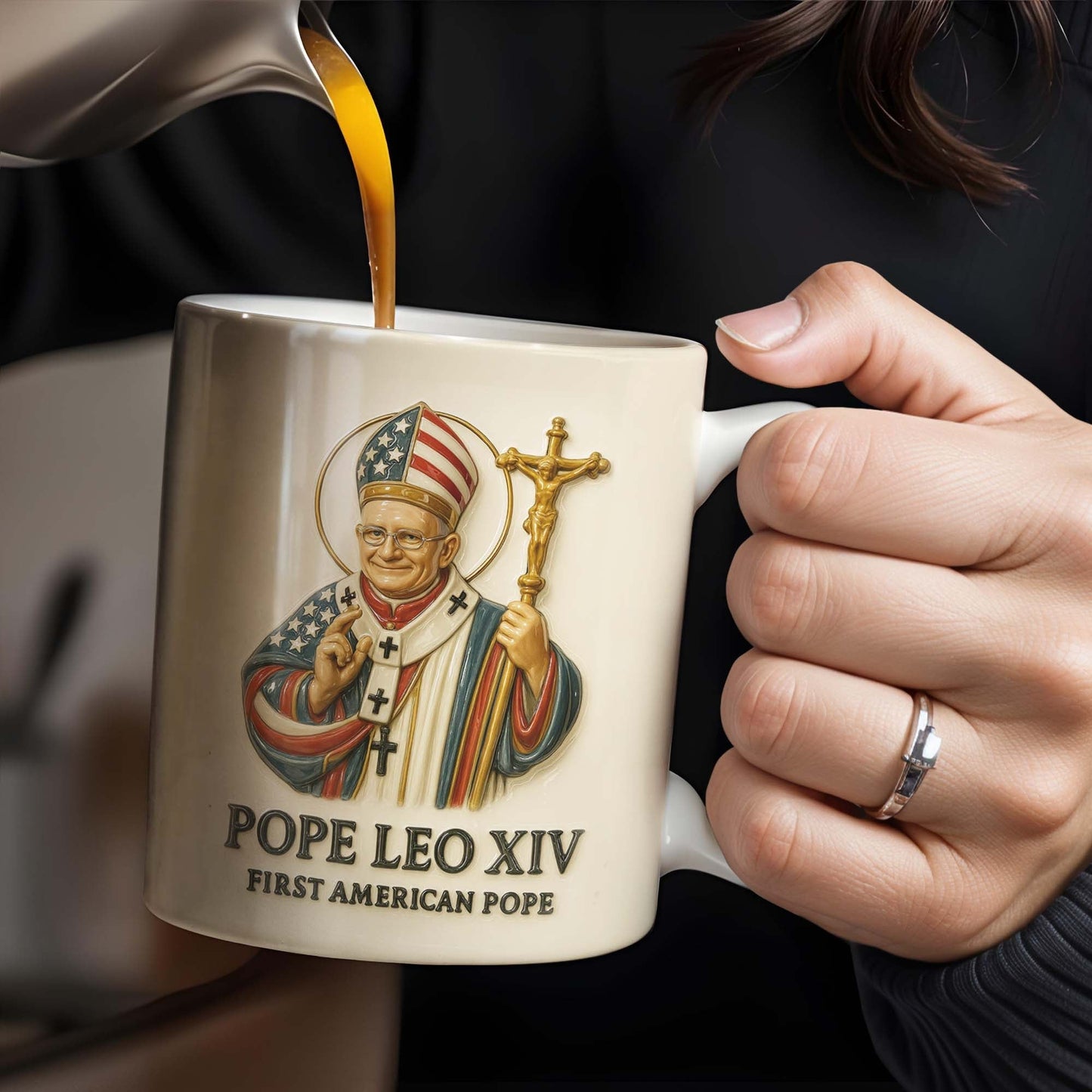 Pope Leo XIV First American Pope, Pope With American Flag And Cross - Personalized Custom Coffee Mug - FTH091_MG