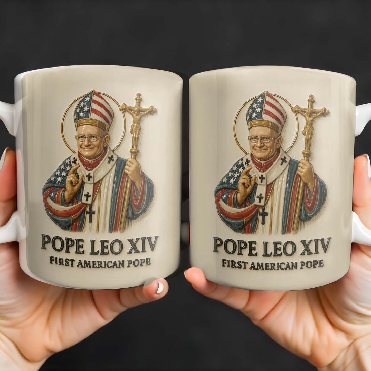 Pope Leo XIV First American Pope, Pope With American Flag And Cross - Personalized Custom Coffee Mug - FTH091_MG