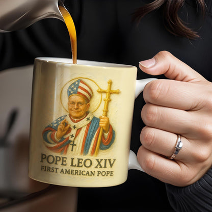 Pope Leo XIV First American Pope, Pope with American Flag - Personalized Custom Coffee Mug - FTH093_MG