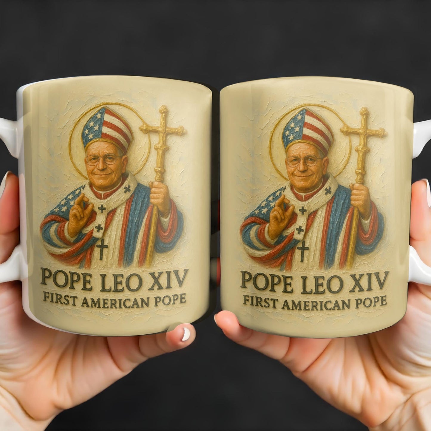 Pope Leo XIV First American Pope, Pope with American Flag - Personalized Custom Coffee Mug - FTH093_MG