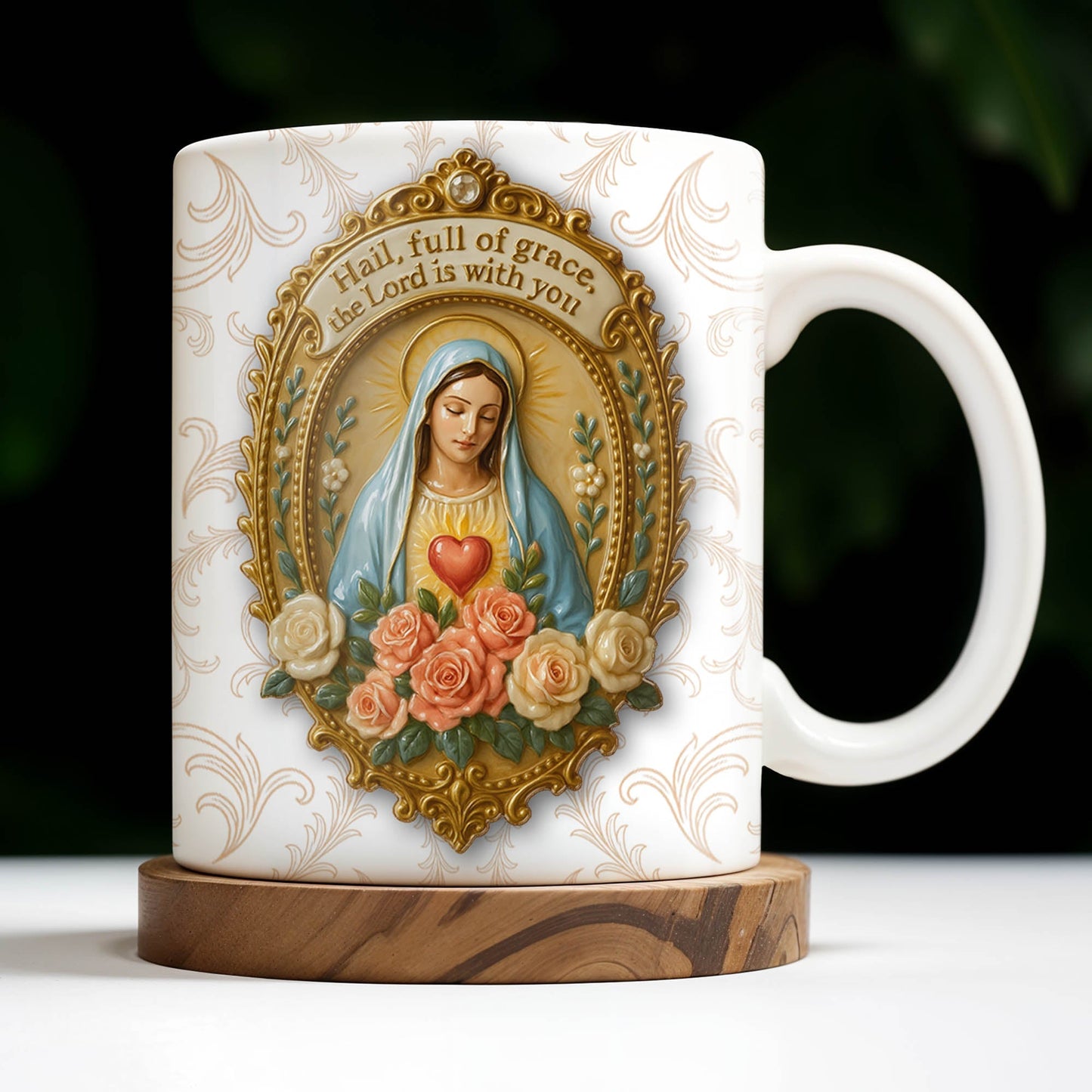 Hail Full Of Grace The Lord Is With You Virgin Mary And Roses - Personalized Custom Coffee Mug - FTH099_MG