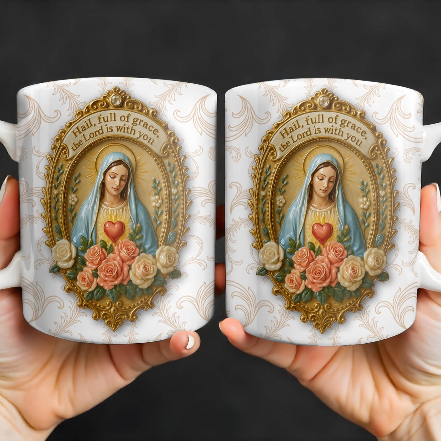 Hail Full Of Grace The Lord Is With You Virgin Mary And Roses - Personalized Custom Coffee Mug - FTH099_MG
