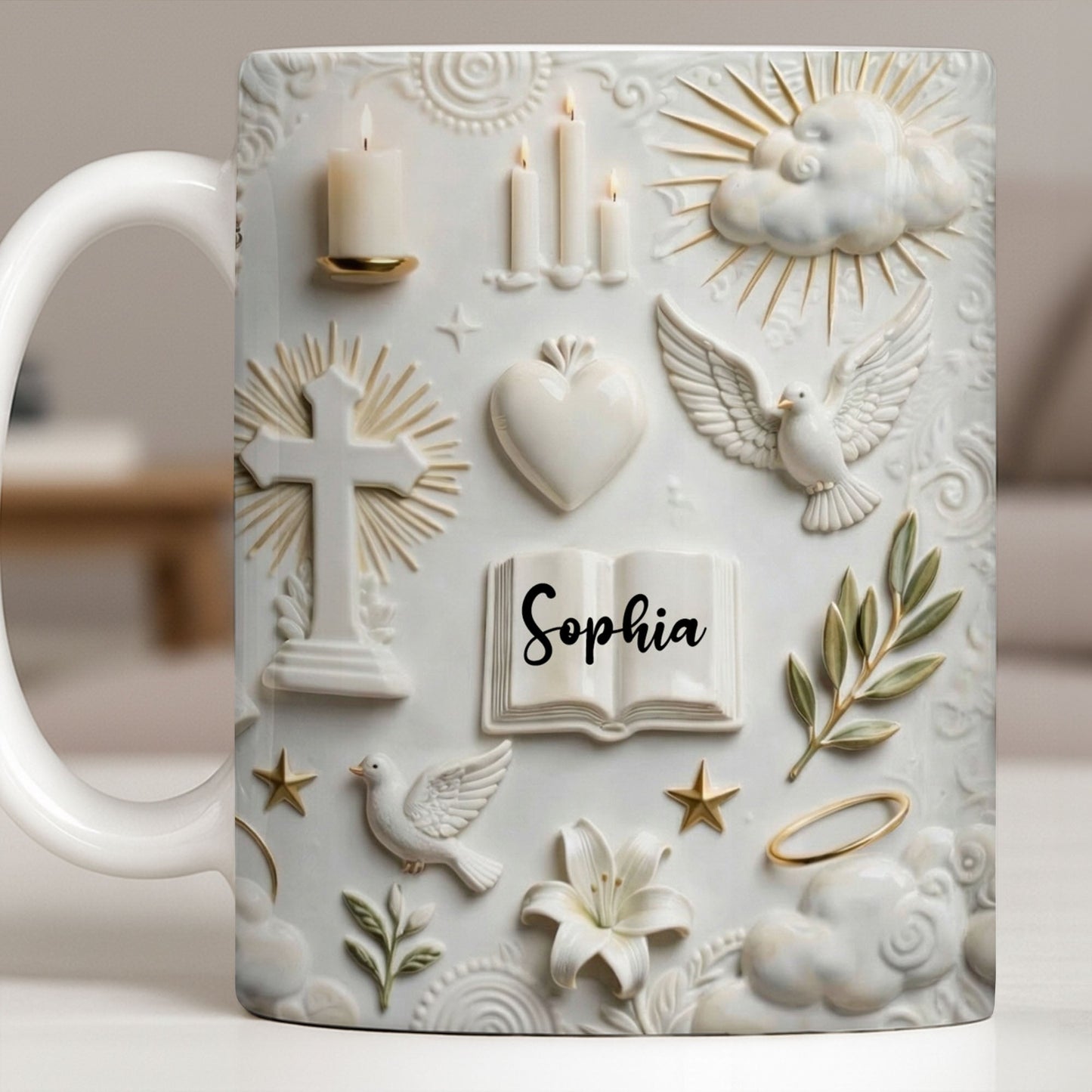 Celebrate Spirituality With Symbols Of Faith Including Cross And Dove - Personalized Custom Coffee Mug - FTH124_MG
