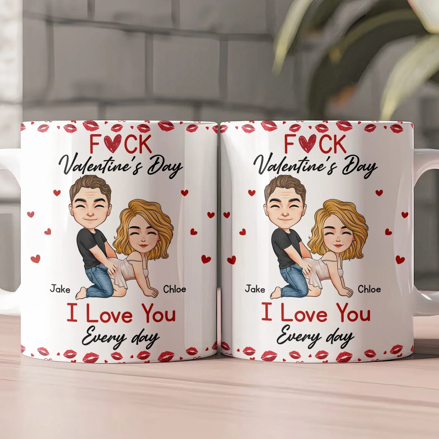 Ceramic Mug With Playful Valentine Hearts and Kiss Prints, Personalized Couple Gift, Funny Romantic Daily Coffee Surprise