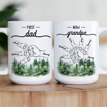 First Dad Now Grandpa - Fist Bumps With Kids' Names - Personalized Mug