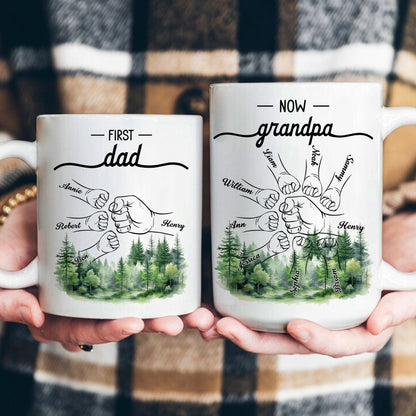 First Dad Now Grandpa - Fist Bumps With Kids' Names - Personalized Mug