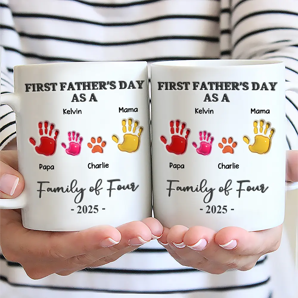 First Father's Day As A Family Of Four Handprints - 3D Inflated Effect Printed Mug, Personalized Mug