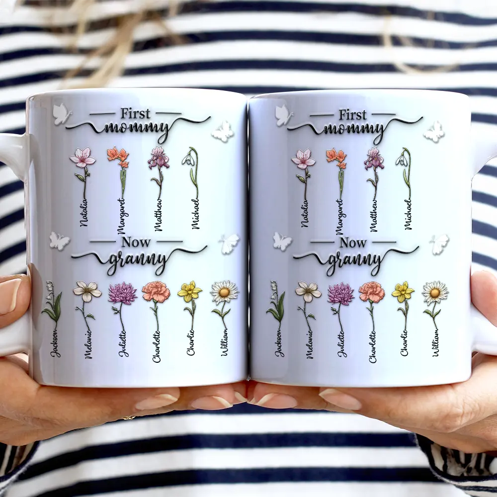 First Mom Now Grandma 3D Effect Birth Flowers - Personalized White Edge-to-Edge Mug