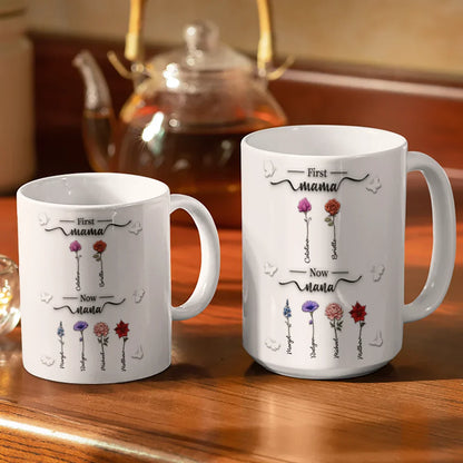 First Mom Now Grandma 3D Effect Birth Flowers - Personalized White Edge-to-Edge Mug