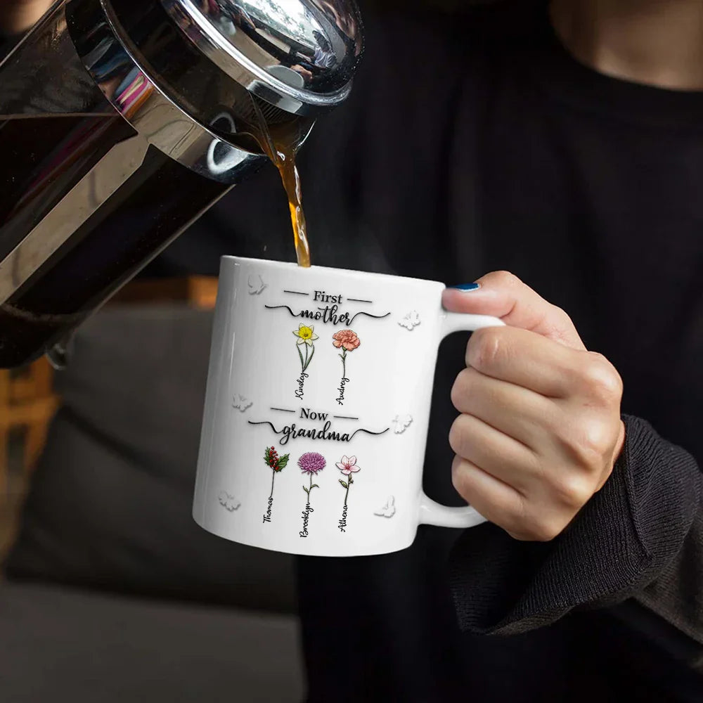 First Mom Now Grandma 3D Effect Birth Flowers - Personalized White Edge-to-Edge Mug
