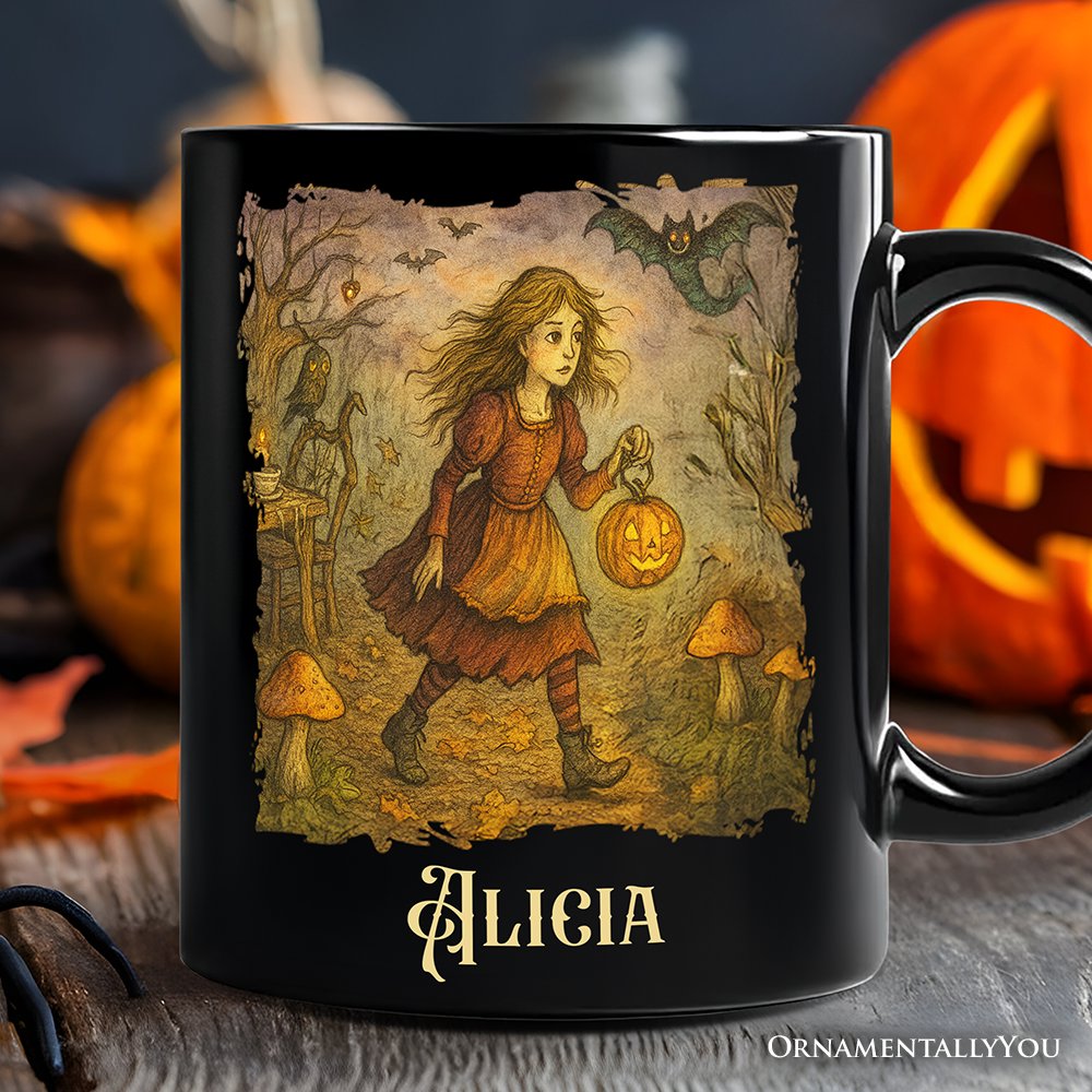 Vintage Alice's Adventure in Wonderland Personalized Mug, Spooky Halloween Gift with Custom Name