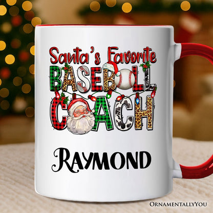 Santa's Favorite Baseball Coach Personalized Mug, Plaid Christmas Athelete Gift with Custom Name