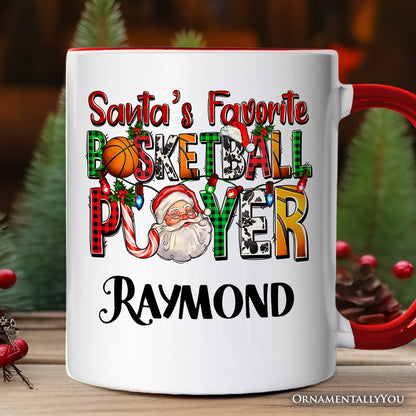 Santa's Favorite Basketball Player Personalized Mug, Plaid Christmas Athelete Gift with Custom Name