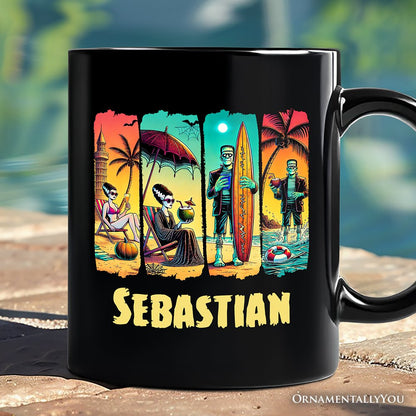 Frankenstein's Beach Vacation Personalized Mug, Retro Neon Summer Vibes Gift with Custom Name