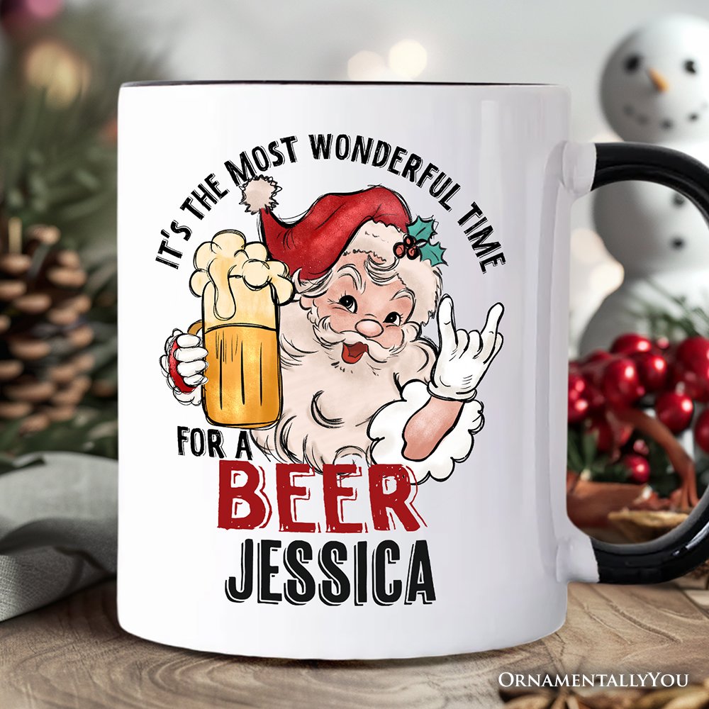 Santa Beer Christmas Personalized Mug, It's The Most Wonderful Time Funny Holiday Gift with Custom Name