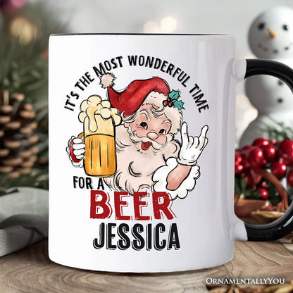 Santa Beer Christmas Personalized Mug, It's The Most Wonderful Time Funny Holiday Gift with Custom Name