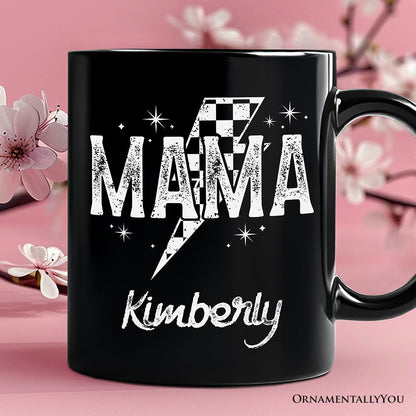 Checkered Lightning Bolt Mama Personalized Mug, Vintage Retro Black and White Gift with Custom Name for Energetic Moms