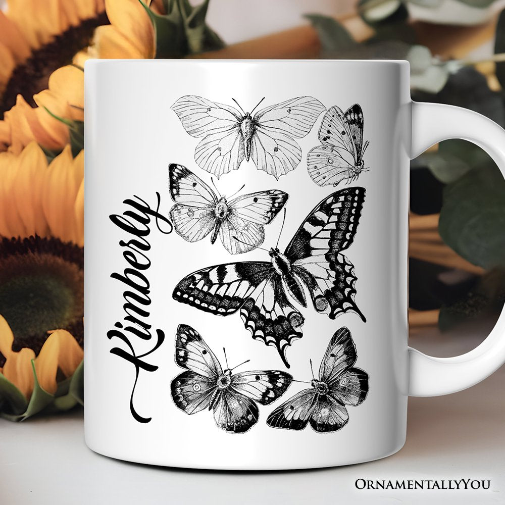 Vintage Butterfly Sketch Personalized Mug, Botanical Insect Art Nature Gift with Custom Name
