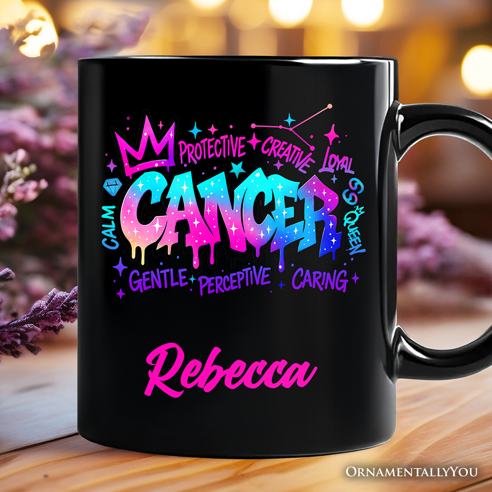Cancer Graffiti Zodiac Personalized Mug, Street Style Astrology Horoscope Gift with Custom Name
