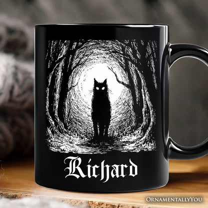 Haunted Forest Black Cat Personalized Mug, Spooky Halloween Night Gift with Custom Name