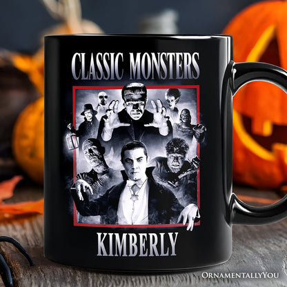 Classic Monsters Black and White Personalized Mug, Retro Vintage Horror Gift with Custom Name