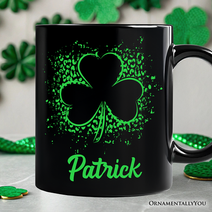 Splatter Shamrock Silhouette St Patrick's Day Personalized Mug, Retro Lucky Clover Gift with Custom Name