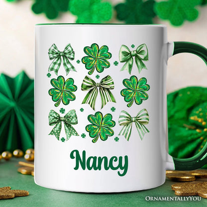 Coquette Clover Bows St Patrick's Day Personalized Mug, Green Irish Lucky Shamrock Gift with Custom Name
