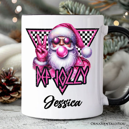 Pink Santa Blowing Bubblegum Personalized Mug, Def Jolly Coquette Retro Christmas Gift with Custom Name