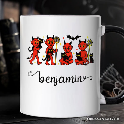 Cute Red Devils and Cats Personalized Mug, Vintage Halloween Gift with Custom Name
