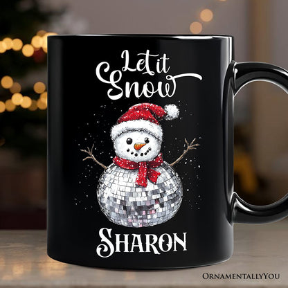 Disco Snowman Christmas Personalized Mug, Retro Holiday Gift with Custom Name for Dancers