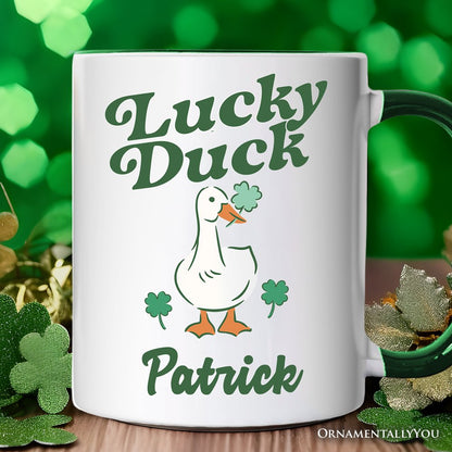 Lucky Duck St Patrick's Day Shamrock Personalized Mug, Cute Clover Gift with Custom Name