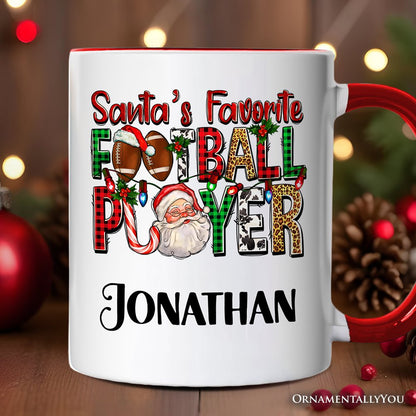 Santa's Favorite Football Player Personalized Mug, Plaid Christmas Athelete Gift with Custom Name