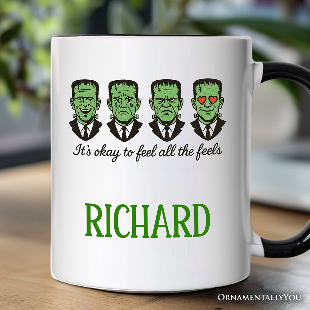 Frankenstein It's Okay To Feel All The Feels Personalized Mug, Funny Mental Health Feelings Gift with Custom Name