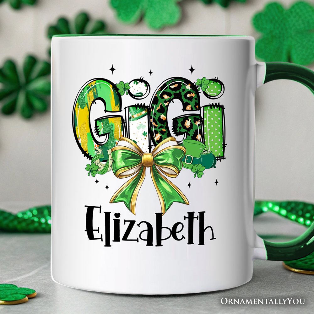 Coquette Gigi Bow St Patrick's Day Personalized Mug, Green Lucky Shamrock Clover Gift with Custom Name