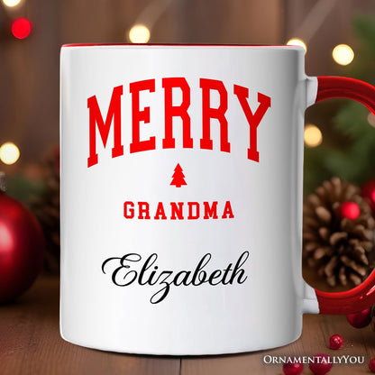 Merry Grandma Retro Christmas Personalized Mug, Matching Family Holiday Gift with Custom Name