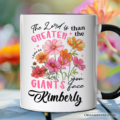 The Lord Is Greater Floral Christian Personalized Mug, Faith Bible Verse Inspirational Gift with Custom Name