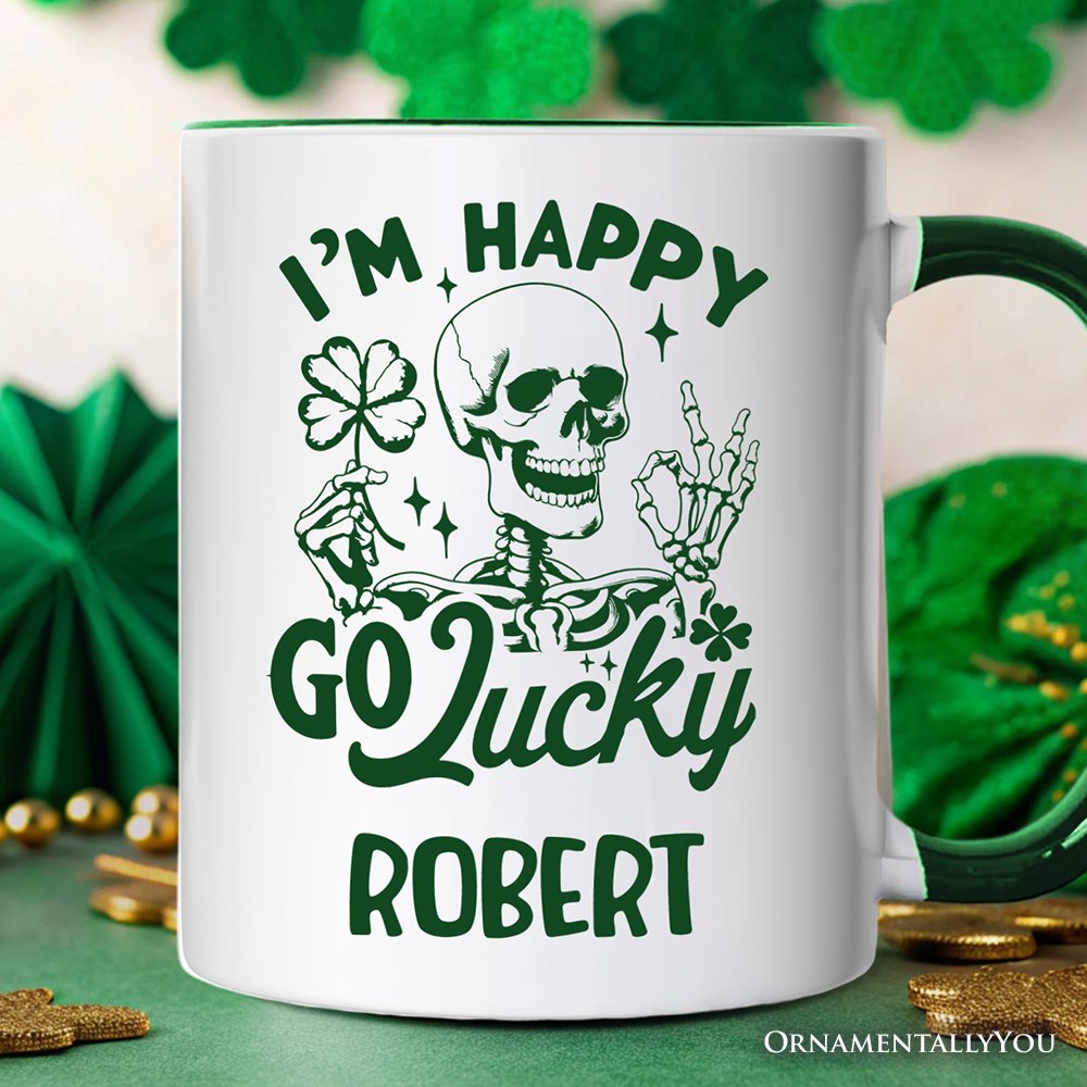 Happy Go Lucky Clover Skeleton St Patrick's Day Personalized Mug, Green Shamrock Vintage Gift with Custom Name