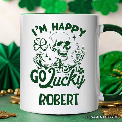 Happy Go Lucky Clover Skeleton St Patrick's Day Personalized Mug, Green Shamrock Vintage Gift with Custom Name