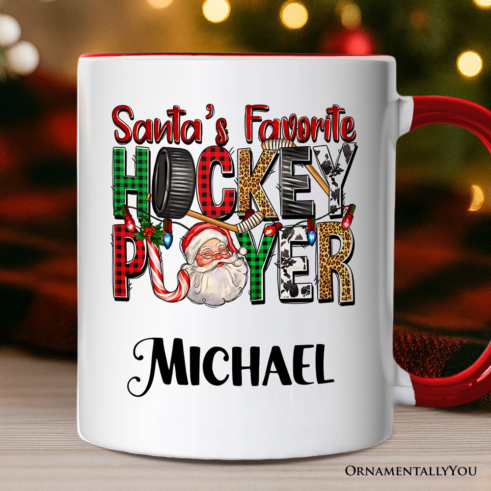 Santa's Favorite Hockey Player Personalized Mug, Plaid Christmas Athelete Gift with Custom Name