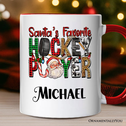 Santa's Favorite Hockey Player Personalized Mug, Plaid Christmas Athelete Gift with Custom Name