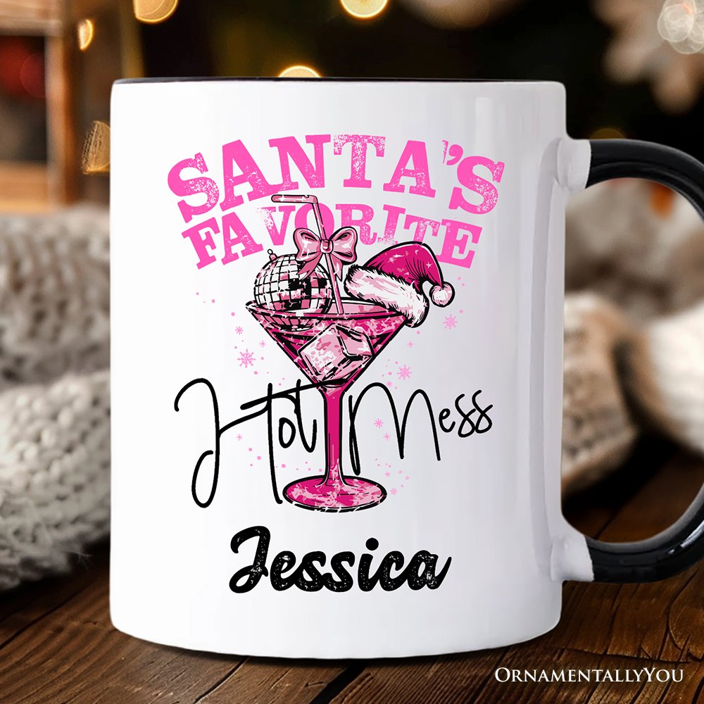 Santa's Favorite Hot Mess Personalized Mug, Pink Martini Retro Disco Christmas Gift with Custom Name
