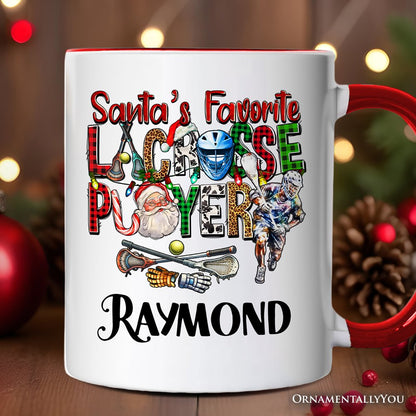 Santa's Favorite Lacrosse Player Personalized Mug, Plaid Christmas Athlete Gift with Custom Name