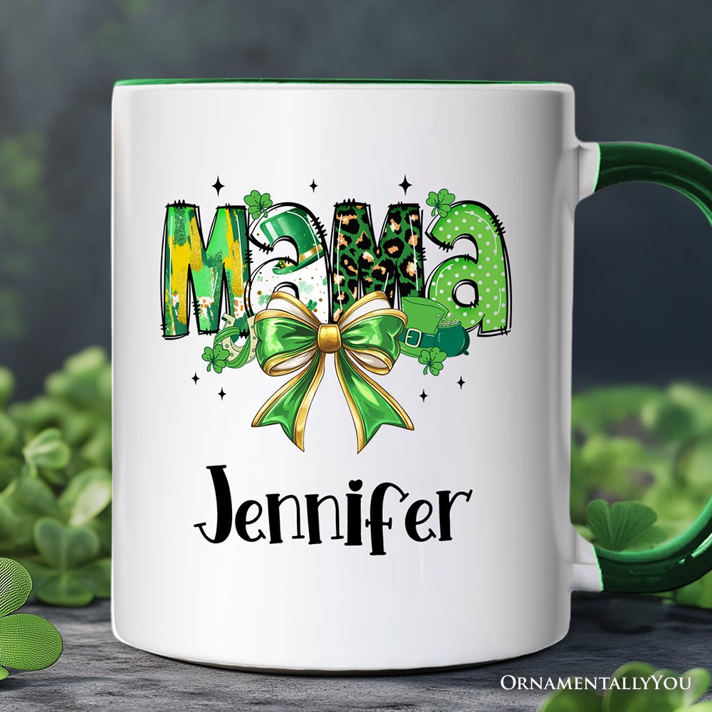 Coquette Mama Bow St Patrick's Day Personalized Mug, Green Lucky Shamrock Clover Gift with Custom Name