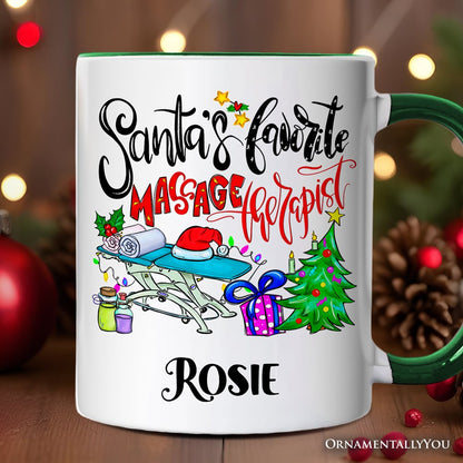 Santa's Favorite Massage Therapist Personalized Mug, Spa Appreciation Christmas Gift with Custom Name