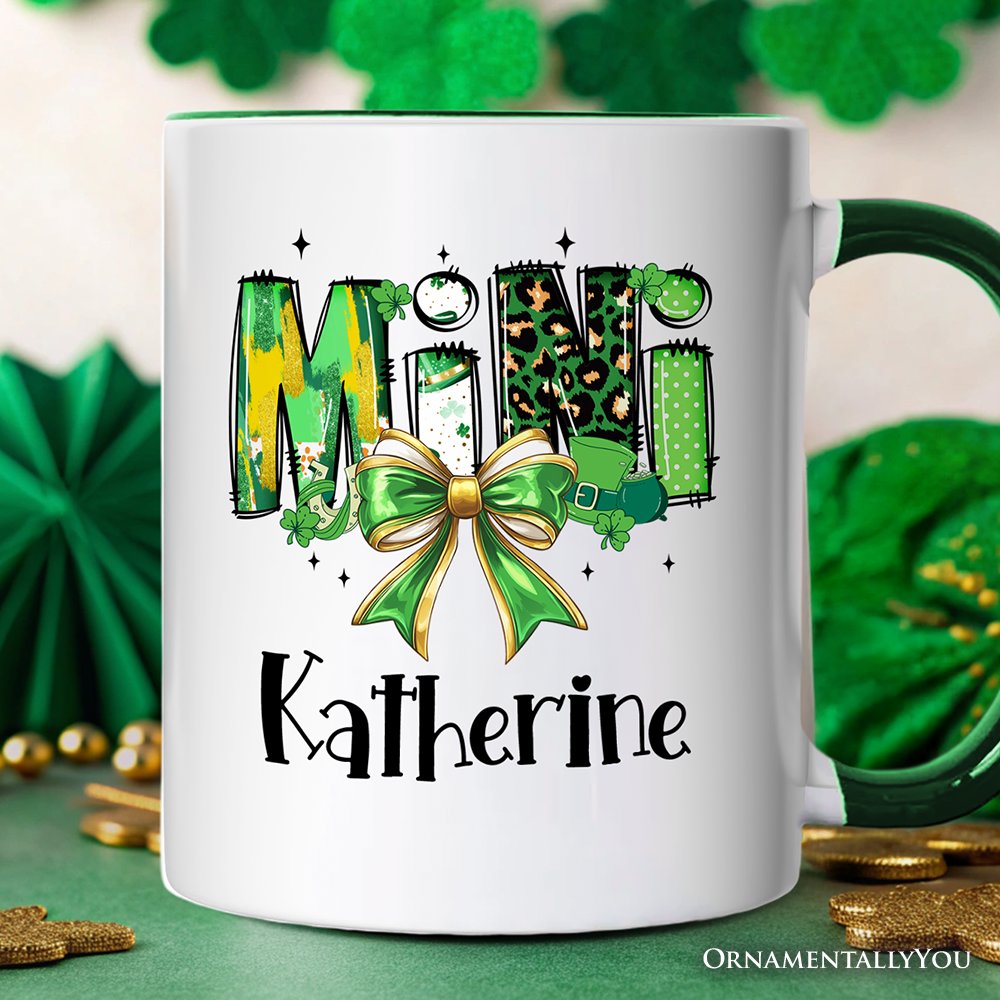 Coquette Mini Clover Bow St Patrick's Day Personalized Mug, Green Lucky Shamrock Clover Gift with Custom Name