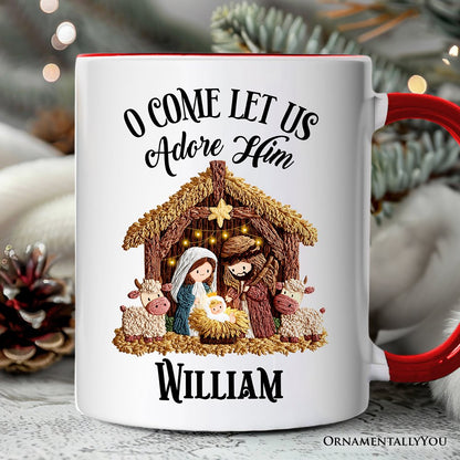 Nativity Holy Family Jesus Christmas Personalized Mug, Imitation Latch Hook Yarn Cozy Christian Gift with Custom Name